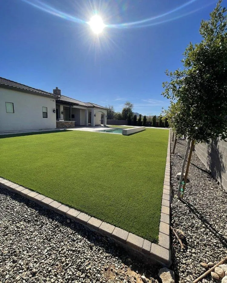 Wide-open turf lawn with pool and paver border
