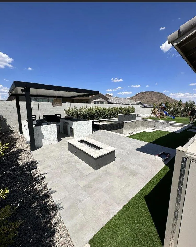 Pool, spa, fire pit, and pergola with mountain view